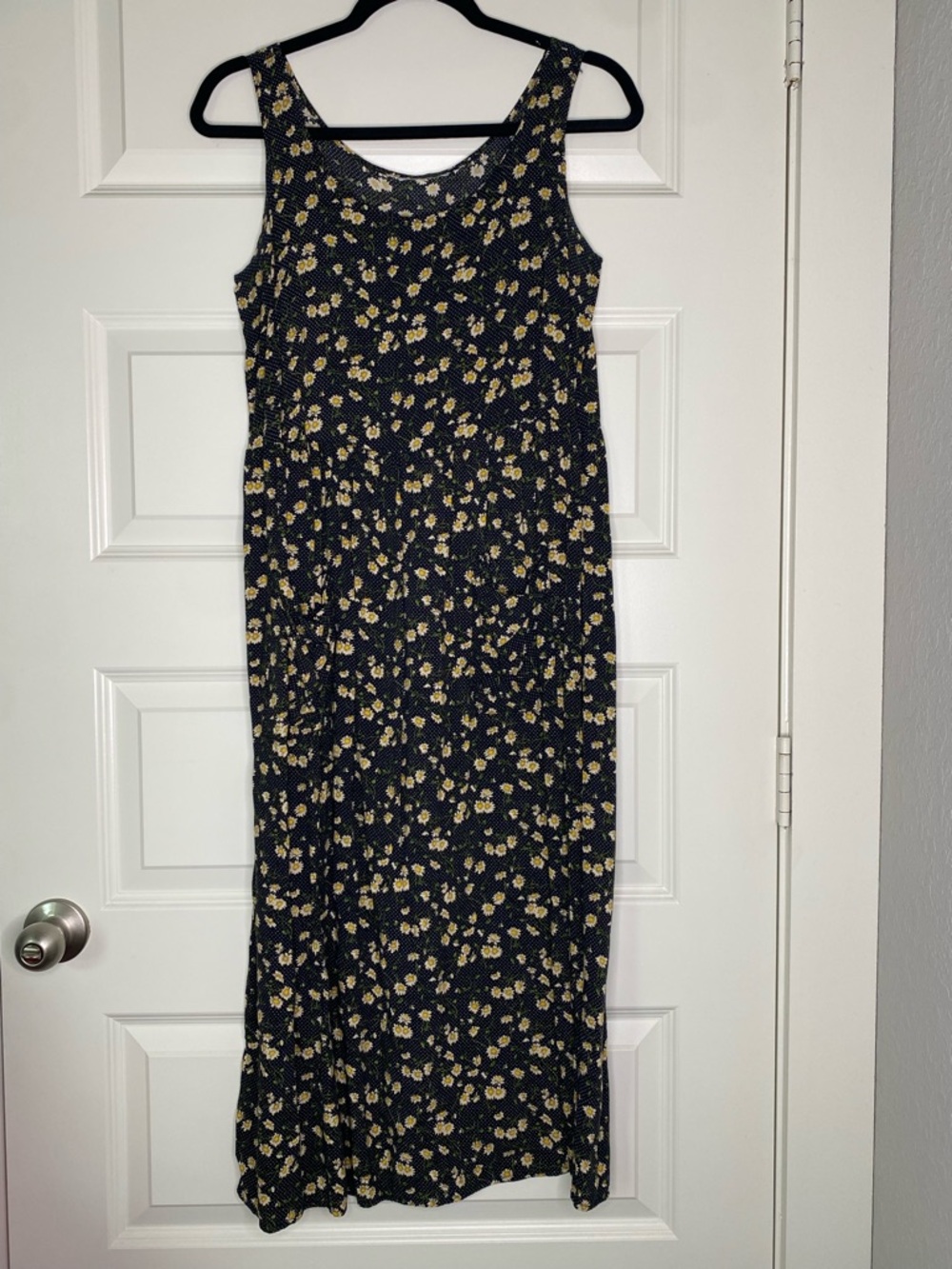 Vintage Black Maxi Dress with Yellow Floral Print